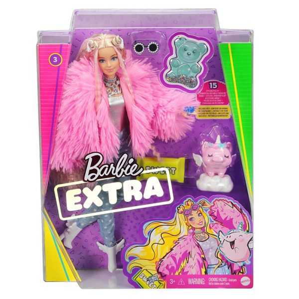 Barbie Extra Doll Pink Fluffy Coat with Pet Unicorn Pig