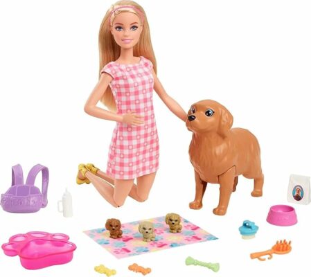 Barbie Doll & Pets Set with 3 Newborn Puppies