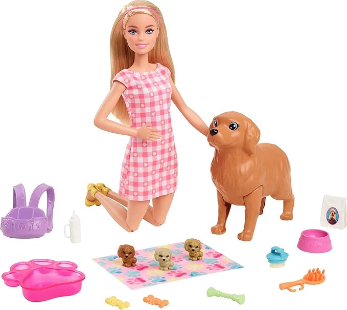 Barbie Doll & Pets Set with 3 Newborn Puppies