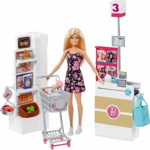 Barbie Doll Blonde and Grocery Store with Rolling Cart and Working Belt