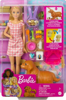 Barbie Doll & Pets Set with 3 Newborn Puppies
