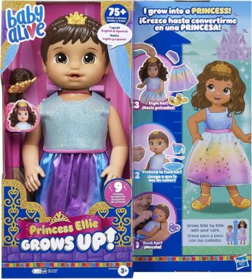 Baby Alive Princess Ellie Grows Up! Brown Hair Interactive Doll with Accessories