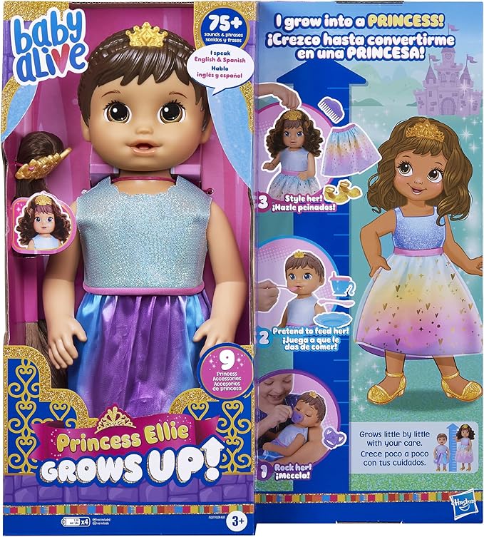 Baby Alive Princess Ellie Grows Up! Brown Hair Interactive Doll with Accessories