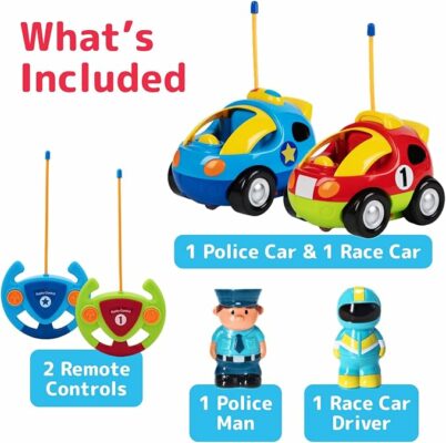 Cartoon Remote Control Cars Police Car and Race Car with Steering Wheel