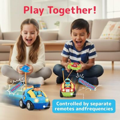 Cartoon Remote Control Cars Police Car and Race Car with Steering Wheel