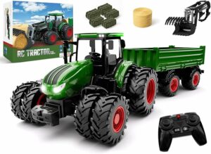 Remote Control Tractor Toy with Trailer Metal Front & Front Loader Farm Vehicle Set