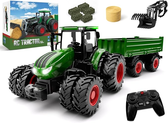 Remote Control Tractor Toy with Trailer Metal Front & Front Loader Farm Vehicle Set