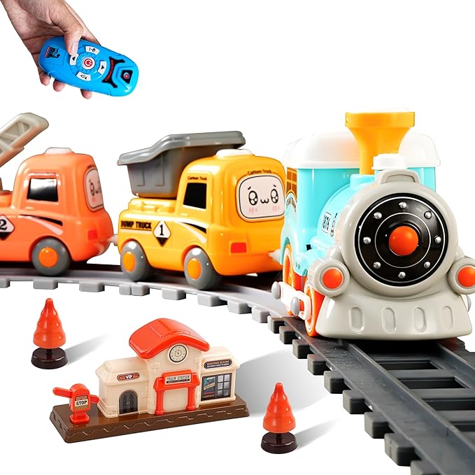 Steam Train Set for Toddlers Cartoon Face Locomotive with Remote Control