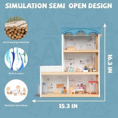 Wooden 3 Story Wood Doll House Playset with Furniture