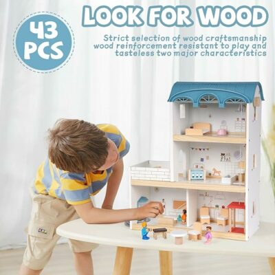 Wooden 3 Story Wood Doll House Playset with Furniture