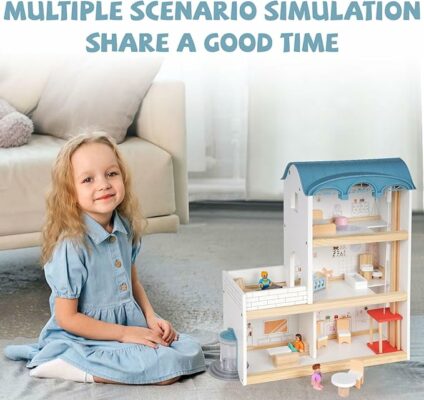 Wooden 3 Story Wood Doll House Playset with Furniture