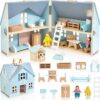 Foldable Wooden Dollhouse with 2 Dolls & Pet Set