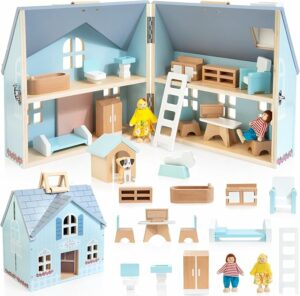 Foldable Wooden Dollhouse with 2 Dolls & Pet Set