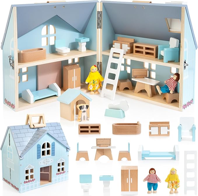 Foldable Wooden Dollhouse with 2 Dolls & Pet Set