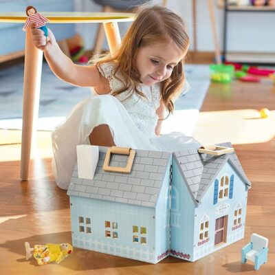 Foldable Wooden Dollhouse with 2 Dolls & Pet Set