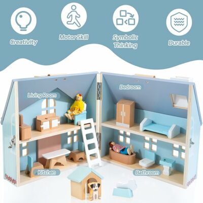Foldable Wooden Dollhouse with 2 Dolls & Pet Set