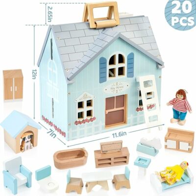 Foldable Wooden Dollhouse with 2 Dolls & Pet Set