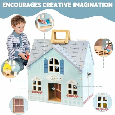 Foldable Wooden Dollhouse with 2 Dolls & Pet Set