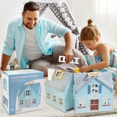 Foldable Wooden Dollhouse with 2 Dolls & Pet Set