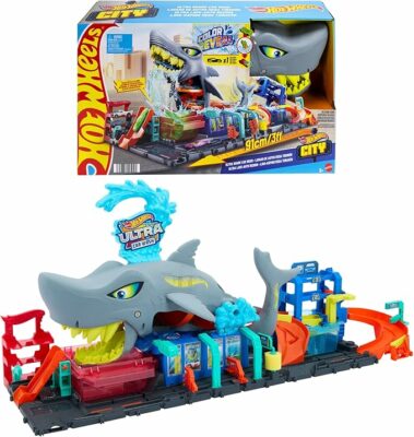 Hot Wheels City Track Set Ultra Shark Car Wash with Color Reveal Toy