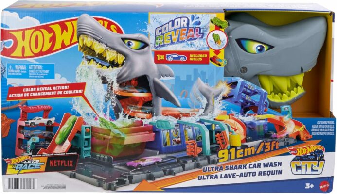 Hot Wheels City Track Set Ultra Shark Car Wash with Color Reveal Toy