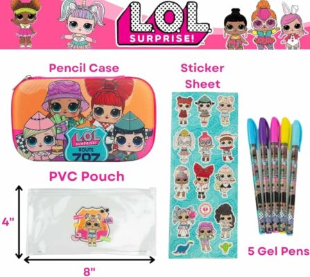 LOL Surprise Dolls Pencil Case Set with LOL Stickers and Gel Pens