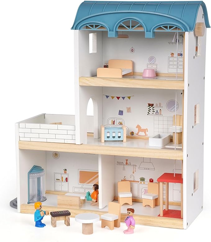 Wooden 3 Story Wood Doll House Playset with Furniture