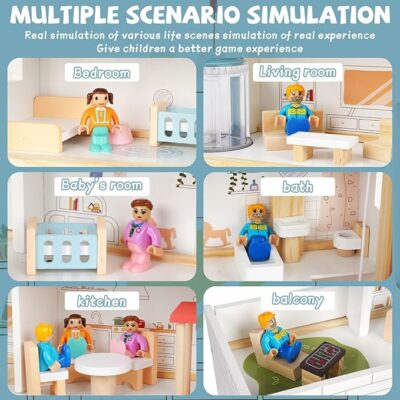 Wooden 3 Story Wood Doll House Playset with Furniture
