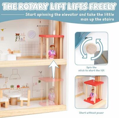 Wooden 3 Story Wood Doll House Playset with Furniture