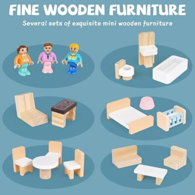Wooden 3 Story Wood Doll House Playset with Furniture