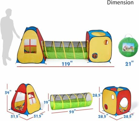 3 in 1 Pop Up Play Tent with Tunnel Ball Pit for Kids