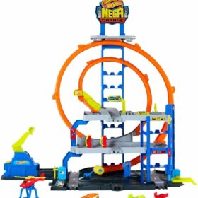 Hot Wheels Toy Car Track Set with Die-Cast Car & Helicopter