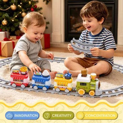 Electric Train Car Track Play Set with Steam Light & Music for Kids
